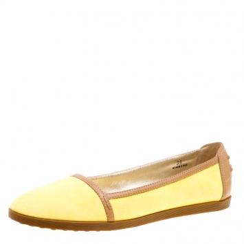 Pre Owned Tod's Yellow/Brown Suede and Leather Ballet Flats Size 39