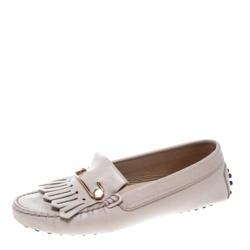 Pre Owned Tod's Blush Pink Leather Fringe Detail Loafers Size 36