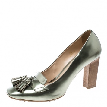 Pre Owned Tod's Green Leather Square Toe Fringe Loafer Pumps Size 39
