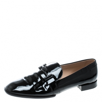 Pre Owned Tod's Black Patent Leather Double T Loafers Size 42