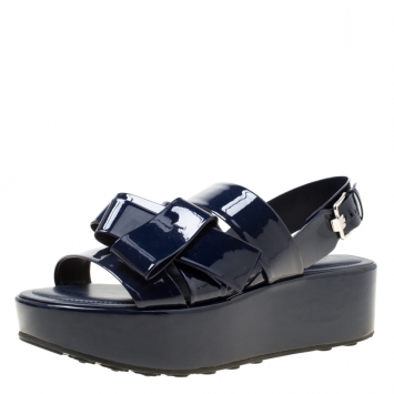 Pre Owned Tod's Navy Blue Patent Leather Slingback Platform Sandals Size 39