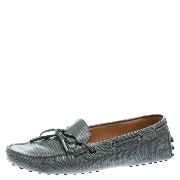 Pre Owned Tod's Grey Lizard Embossed Leather Bow Loafers Size 39