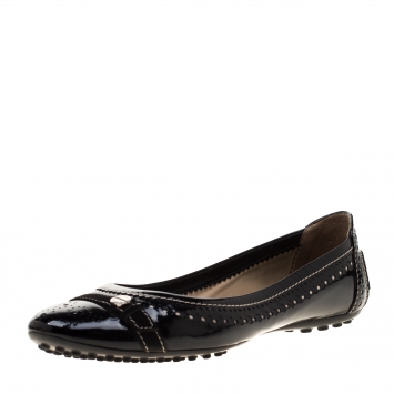Pre Owned Tod's Black Patent Brogue Leather Suede Trim Ballet Flats Size 36.5