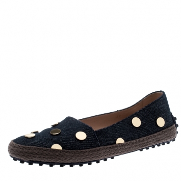 Pre Owned Tod's Dark Wash Denim Studded Espadrille Flats Size 37