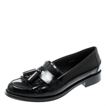 Pre Owned  Tod's Black Leather Tassel Fringe Detail Loafers Size 36.5