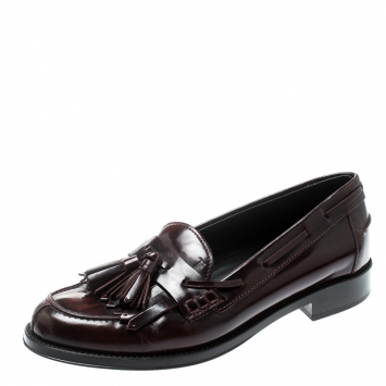 Pre Owned Tod's Maroon Leather Tassel Fringe Detail Loafers Size 36.5