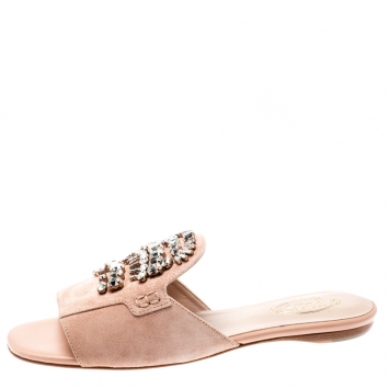 Pre Owned Tod's Limited Edition Pale Pink Suede Crystal Embellished Peep Toe Flat Slides Size 37.5