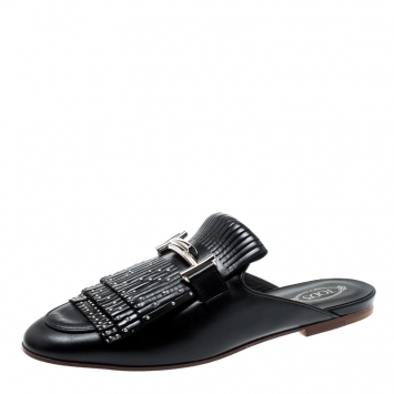 Pre Owned Tod's Black Leather Double T Studded Fringe Flat Mules Size 39