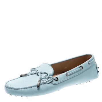 Pre Owned Tod’s Powder Blue Leather Bow Loafers Size 39.5