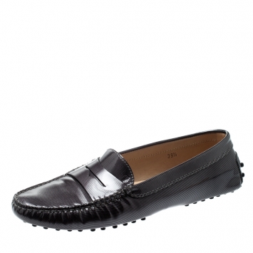 Pre Owned Tod’s Grey/Black Textured Patent Leather Penny Loafers Size 39.5