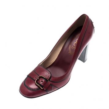Pre Owned Tod's Burgundy Leather Buckled Loafer Pumps Size 37.5