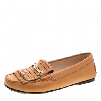 Pre Owned Tod's Brown Leather Gommino Fringe Double T Loafers Size 37.5