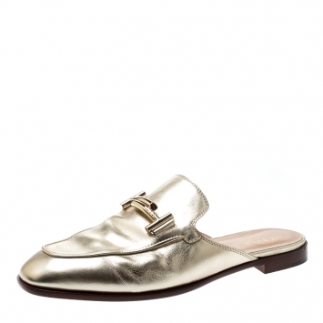Pre Owned Tod's Metallic Gold Leather Double T Flat Loafer Slides Size 41