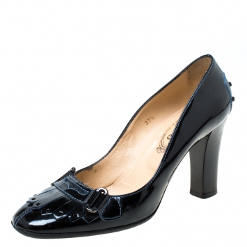 Pre Owned Tod's Oxford Blue Patent Leather Fringe Detail Penny Loafer Pumps Size 37.5