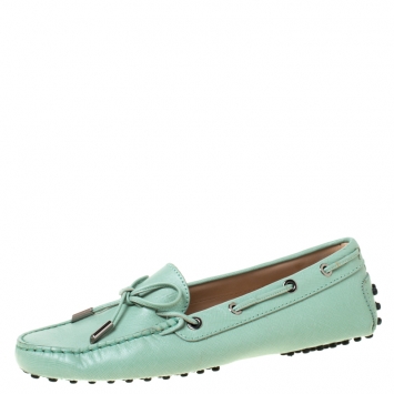 Pre Owned Tod's Mint Green Leather Bow Loafers Size 37.5