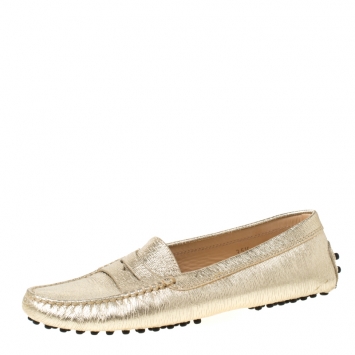 Pre Owned Tod's Metallic Gold Textured Leather Penny Loafers Size 35.5