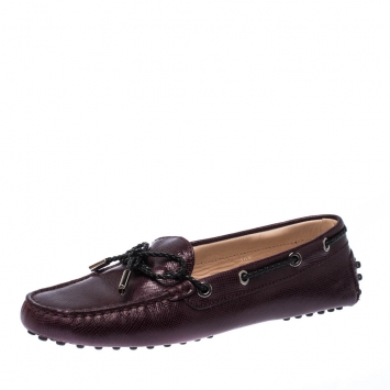 Pre Owned Tod's Metallic Plum Textured Leather Bow Loafers Size 36.5
