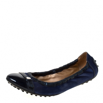 Pre Owned Tod's for Ferrari Satin and Leather Cap Toe Scrunch Ballerina Flats Size 38