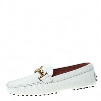 Pre Owned Tod's White Crocodile Embossed Leather Double T Metal Loafers Size 36