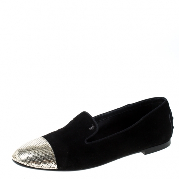 Pre Owned Tod's Black Suede Sequins Embellished Slip On Loafers Size 39