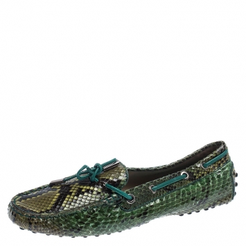 Pre Owned Tod's Green/Black Python Gommino Bow Loafers Size 38.5