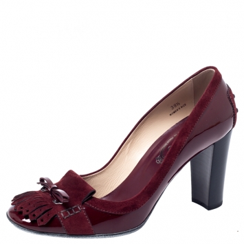 Pre Owned Tod’s Dark Red Patent Leather and Suede Fringe Jodie Pumps Size 39.5