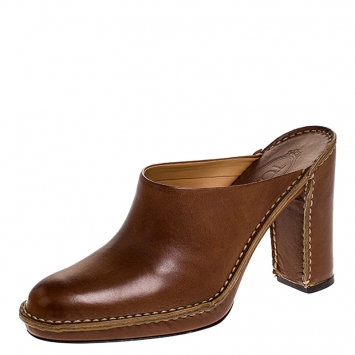 Pre Owned Tod's Tan Leather Platform Clog Mules Size 37.5