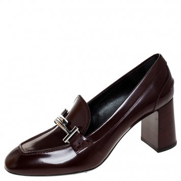 Pre Owned Tod's Maroon Leather Double T Court Loafer Pumps Size 39.5