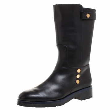 Pre Owned Tod's Black Leather Flat Mate Mid Calf Boots Size 37.5