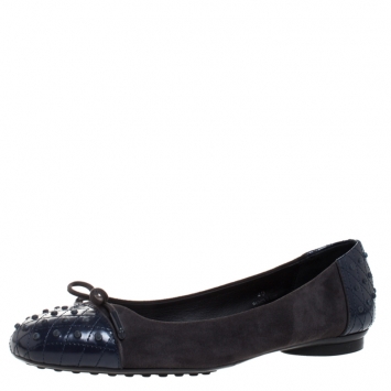 Pre Owned Tod's Blue Leather And Grey Suede Dew Gommini Ballerina Flats Size 40