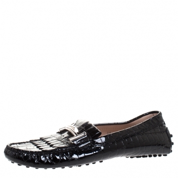 Pre Owned Tod's Black Crocodile Embossed Patent Leather Gommino Fringe Double T Slip On Loafers Size 39