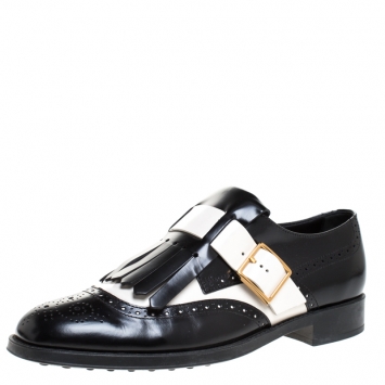 Pre Owned Tod's Black/White Leather Fringe Brogue Monk Strap Loafers Size 39