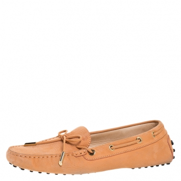 Pre Owned Tod's Orange Textured Nubuck Gommino Loafers Size 38.5
