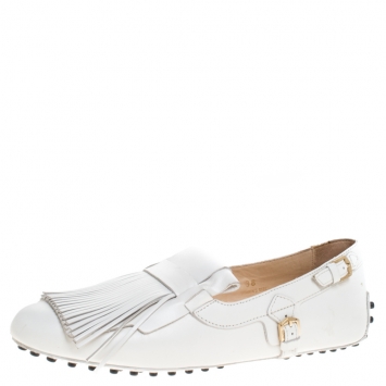 Pre Owned Tod's White Leather Gommino Fringe Loafers Size 36