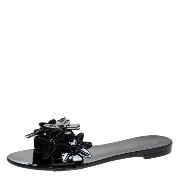 Pre Owned Tod's Black Floral Applique Patent Leather Slide Flats Size 37