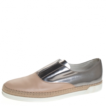 Pre Owned Tod's Pink/Silver Leather Francesina Espadrille Slip On Sneakers Size 40
