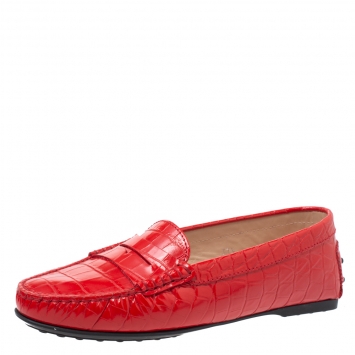 Pre Owned Tod's Red Croc Embossed Leather Penny Slip On Loafers Size 37.5