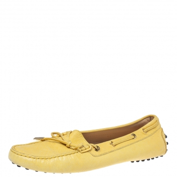 Pre Owned Tod's Yellow Foil Leather Gommino Bow Loafers Size 41