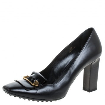 Pre Owned Tod's Black Leather Block Heel Square Toe Pumps Size 38