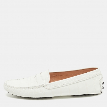 Pre Owned Tod's White Croc Embossed Leather Penny Loafers Size 40