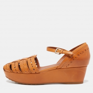 Pre Owned Tod's Brown Cutout Leather Ankle Strap Wedge Sandals Size 38.5