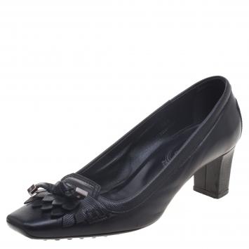Pre Owned Tod's Black Leather Fringe Loafer Pumps Size 36.5
