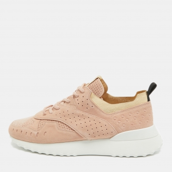 Pre Owned Tod's Pink/Gold Suede and Leather Perforated Low Top Sneakers Size 42