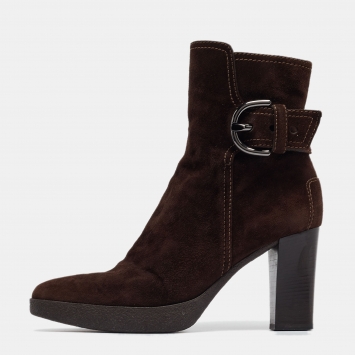 Pre Owned Tod's Brown Suede Buckle Detail Ankle Boots Size 38.5