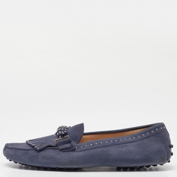 Pre Owned Tod's Blue Nubuck Leather Fringe Slip On Loafers Size 41