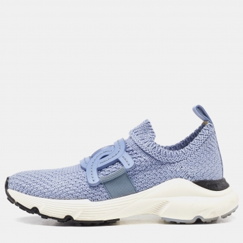 Pre Owned Tod's Blue Woven Fabric And Leather Catena Slip On Sneakers Size 38