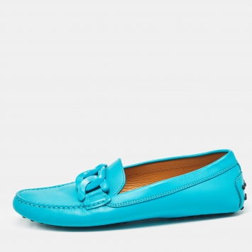 Pre Owned Tod's Blue Leather Chain Detail Slip On Loafers Size 39