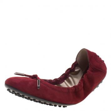 Pre Owned Tod's Burgundy Suede Bow Ballet Flats Size 38
