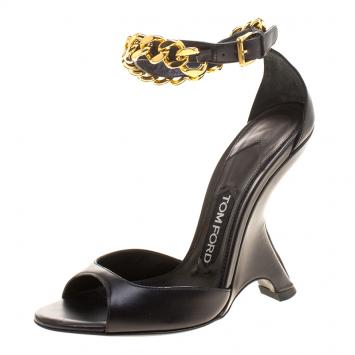 Pre Owned Tom Ford Black Leather Chain Embellished Ankle Strap Wedge Sandals Size 36