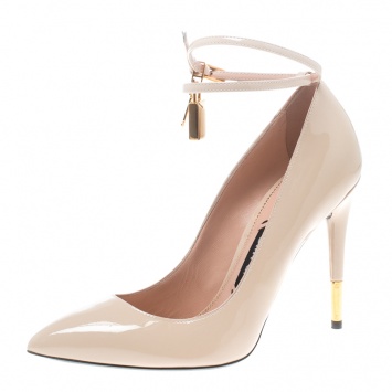 Pre Owned Tom Ford Beige Patent Leather Padlock Ankle Wrap Pointed Toe Pumps Size 38